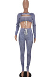 Blue Sexy Striped Print Hollowed Out Patchwork Frenulum O Neck Long Sleeve Two Pieces
