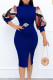 Deep Blue Fashion Casual Patchwork Slit Half A Turtleneck Pencil Skirt Dresses