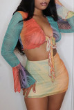 Blue Sexy Print Patchwork V Neck Long Sleeve Two Pieces