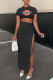 Black Fashion Sexy Print Slit O Neck Short Sleeve Two Pieces