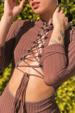 Brown Sexy Solid Bandage Hollowed Out Patchwork O Neck Regular Rompers