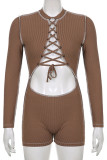 Brown Sexy Solid Bandage Hollowed Out Patchwork O Neck Regular Rompers