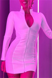 White Fashion Sexy Solid Patchwork Zipper Collar Long Sleeve Dresses