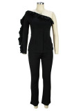 Black Fashion Casual Solid Patchwork Stringy Selvedge Oblique Collar Long Sleeve Two Pieces