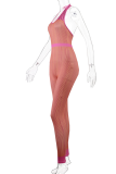 Pink Sexy Print Patchwork V Neck Skinny Jumpsuits