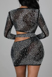 Black Fashion Sexy Patchwork Hot Drilling Hollowed Out See-through O Neck Long Sleeve Dresses