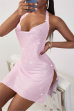 Pink Fashion Sexy Patchwork Backless Slit Halter Sleeveless Dress