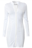 White Fashion Sexy Solid Patchwork Zipper Collar Long Sleeve Dresses