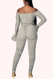 Grey Sexy Solid Bandage Patchwork Fold Off the Shoulder Regular Jumpsuits