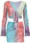 Blue Sexy Print Patchwork V Neck Long Sleeve Two Pieces