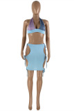 Light Blue Sexy Patchwork Solid Bandage Hollowed Out Backless Halter Sleeveless Two Pieces