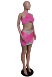 Pink Fashion Sexy Patchwork See-through O Neck Two Pieces