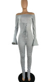 Grey Sexy Solid Bandage Patchwork Fold Off the Shoulder Regular Jumpsuits