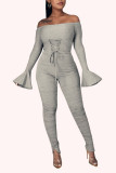 Grey Sexy Solid Bandage Patchwork Fold Off the Shoulder Regular Jumpsuits