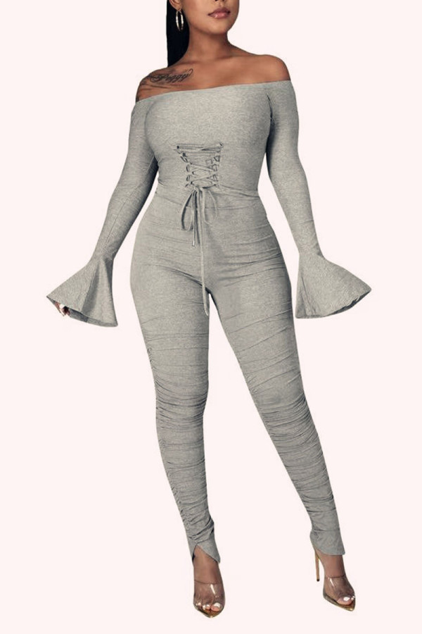 Grey Sexy Solid Bandage Patchwork Fold Off the Shoulder Regular Jumpsuits