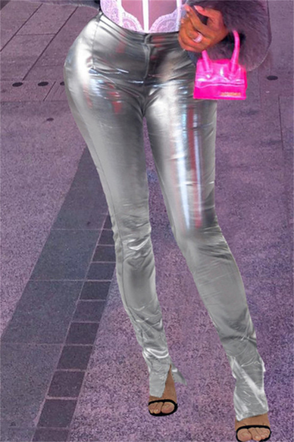 Silver Fashion Casual Solid Slit Skinny Mid Waist Pencil Solid Color Bottoms