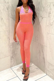 Pink Sexy Print Patchwork V Neck Skinny Jumpsuits