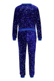 Blue Fashion Casual Patchwork Sequins Zipper Collar Two Pieces