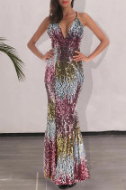 Colour Sexy Sequins Split Joint Spaghetti Strap Straight Dresses