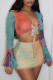 Blue Sexy Print Patchwork V Neck Long Sleeve Two Pieces