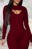 Burgundy Sexy Print Split Joint Hooded Collar Long Sleeve Two Pieces