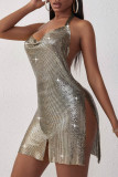 Coffee Fashion Sexy Patchwork Solid Backless Slit Halter Sleeveless Dress