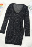 Black Fashion Sexy Patchwork Hot Drilling See-through V Neck Long Sleeve Dresses