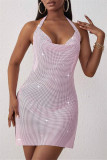 Pink Fashion Sexy Patchwork Backless Slit Halter Sleeveless Dress
