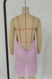 Pink Fashion Sexy Patchwork Backless Slit Halter Sleeveless Dress