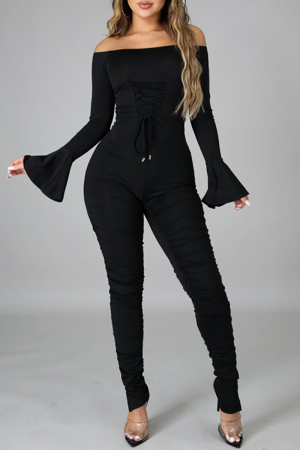 Black Sexy Solid Bandage Patchwork Fold Off the Shoulder Regular Jumpsuits