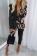 Black Gold Casual Print Letter Turndown Collar Long Sleeve Two Pieces