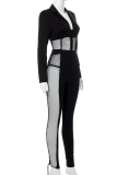 Black Sexy Solid Mesh V Neck Long Sleeve Two Pieces