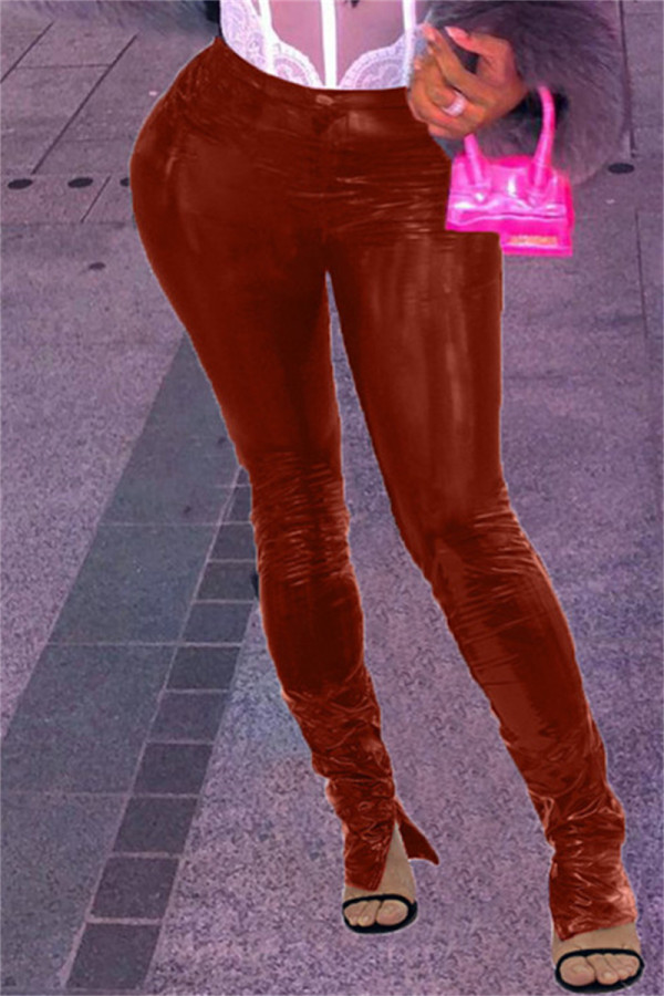 Brown Red Fashion Casual Solid Slit Skinny Mid Waist Pencil Solid Color Bottoms