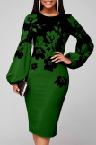 Red Fashion Casual Print Basic O Neck Long Sleeve Dresses