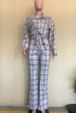 Khaki Casual Plaid Print Patchwork Buckle Turndown Collar Long Sleeve Two Pieces