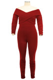 Red Fashion Casual Solid Patchwork V Neck Plus Size Jumpsuits