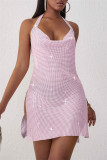 Pink Fashion Sexy Patchwork Backless Slit Halter Sleeveless Dress