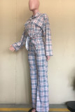 Khaki Casual Plaid Print Patchwork Buckle Turndown Collar Long Sleeve Two Pieces