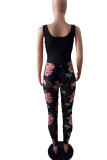 Black Sexy Print Patchwork See-through Fold U Neck Regular Jumpsuits