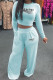Sky Blue Fashion Casual Letter Print Patchwork O Neck Long Sleeve Two Pieces