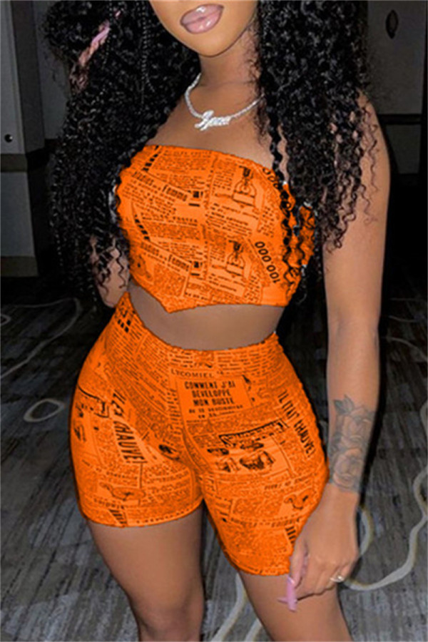 Orange Sexy Casual Print Backless Strapless Two Pieces
