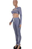 Blue Sexy Striped Print Hollowed Out Patchwork Frenulum O Neck Long Sleeve Two Pieces