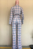 Khaki Casual Plaid Print Patchwork Buckle Turndown Collar Long Sleeve Two Pieces
