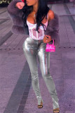 Coffee Fashion Casual Solid Slit Skinny Mid Waist Pencil Solid Color Bottoms
