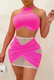 Pink Fashion Sexy Patchwork See-through O Neck Two Pieces