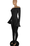 Grey Sexy Solid Bandage Patchwork Fold Off the Shoulder Regular Jumpsuits