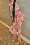 Pink Fashion Sexy Letter Print See-through Turtleneck Long Sleeve Two Pieces