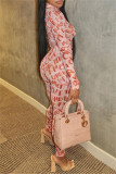Pink Fashion Sexy Letter Print See-through Turtleneck Long Sleeve Two Pieces