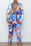 Blue Fashion Casual Print Cardigan Pants Turndown Collar Long Sleeve Two Pieces