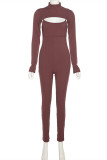 Brown Sexy Casual Solid Bandage Backless Turtleneck Long Sleeve Two Pieces